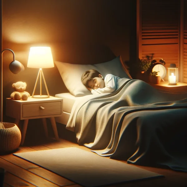 Hier is een rustgevende en warme afbeelding van een kind dat vredig slaapt in een gezellige en donkere slaapkamer, wat de ideale omstandigheden voor slaap benadrukt. Deze afbeelding onderstreept het belang van een goede nachtrust voor de ontwikkeling van kinderen, met een focus op rust, comfort en de verzorgende aspecten van slaap. Het slaapkamersetting bevat elementen die een slaapvriendelijke omgeving suggereren, zoals zacht beddengoed, een gedimd nachtlampje en een algehele serene sfeer.